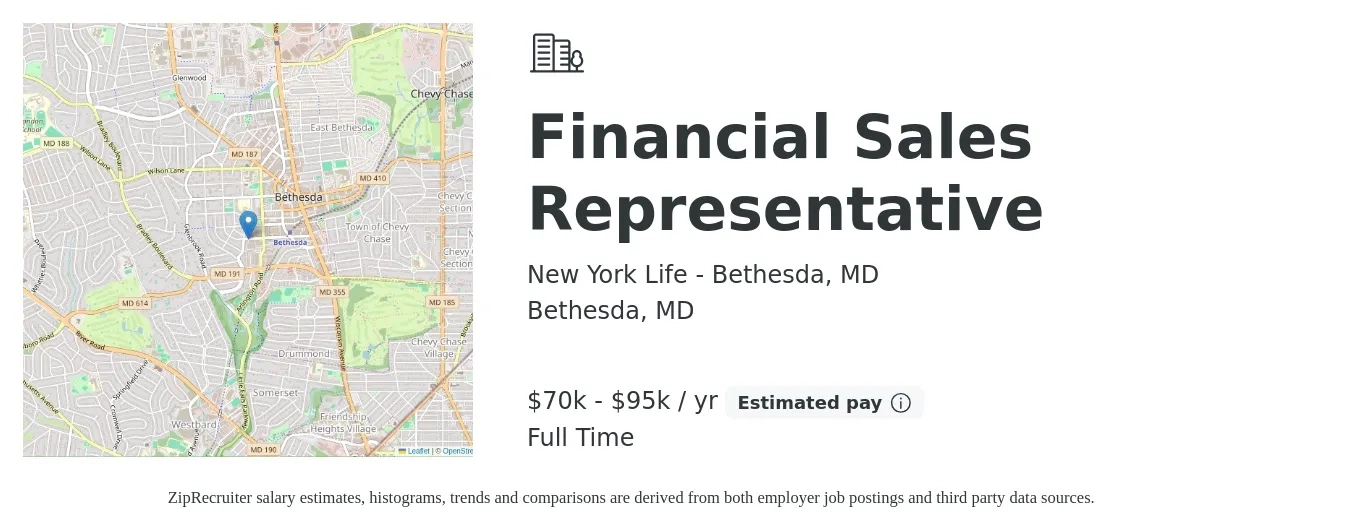 New York Life - Bethesda, MD job posting for a Financial Sales Representative in Bethesda, MD with a salary of $70,000 to $95,000 Yearly with a map of Bethesda location.