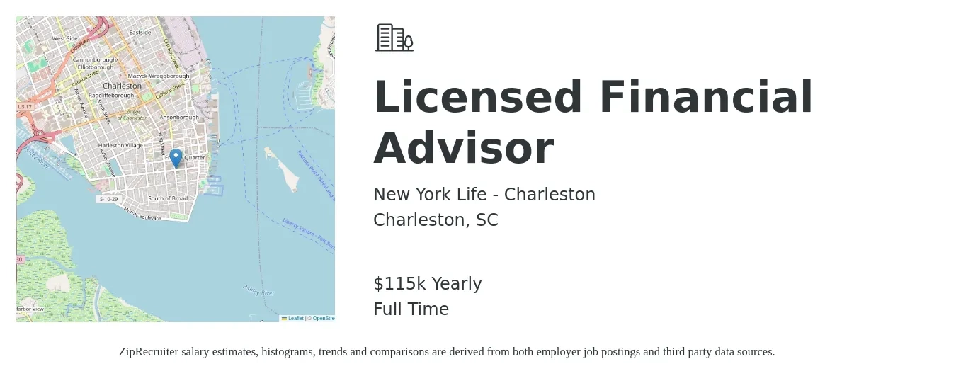 New York Life - Charleston job posting for a Licensed Financial Advisor in Charleston, SC with a salary of $115,917 Yearly with a map of Charleston location.