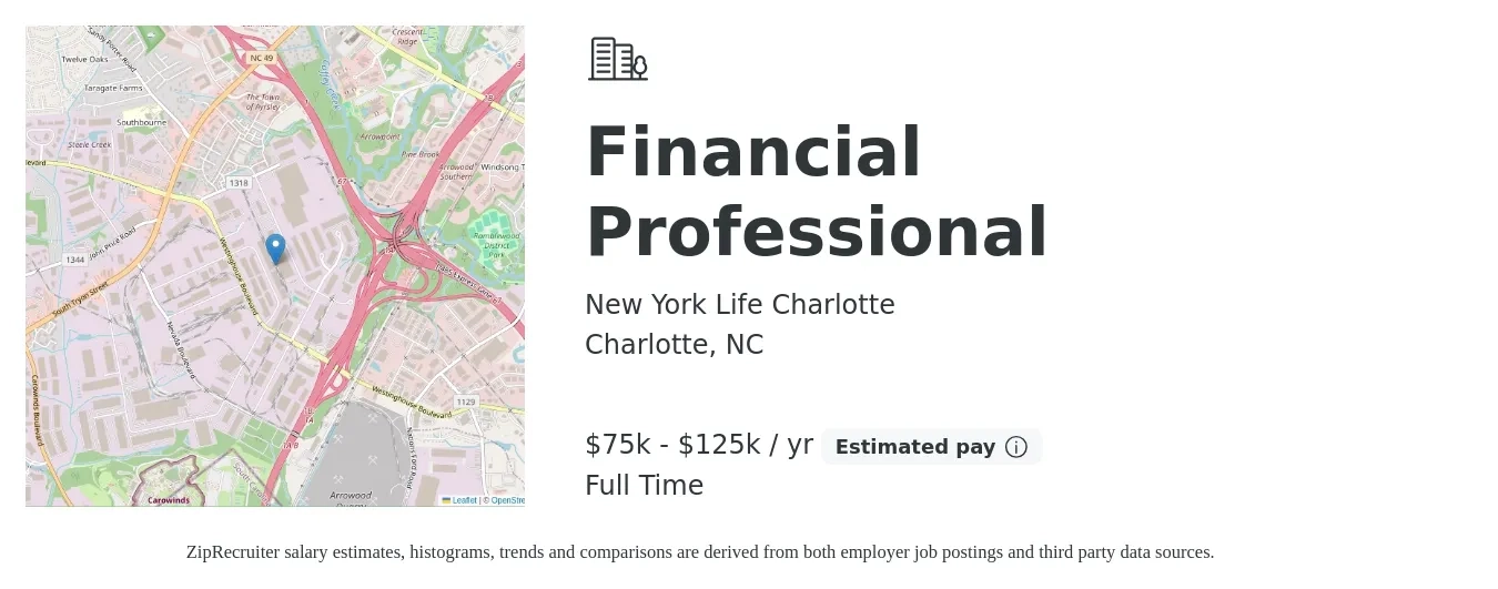 New York Life Charlotte job posting for a Financial Professional in Charlotte, NC with a salary of $75,000 to $125,000 Yearly with a map of Charlotte location.