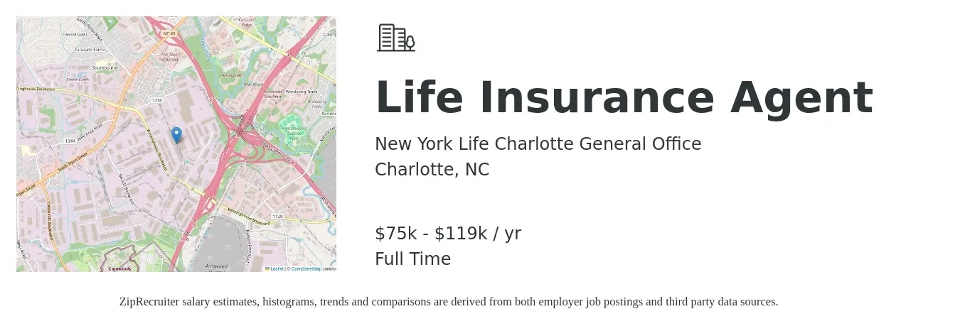 New York Life Charlotte General Office job posting for a Life Insurance Agent in Charlotte, NC with a salary of $75,000 to $119,000 Yearly with a map of Charlotte location.