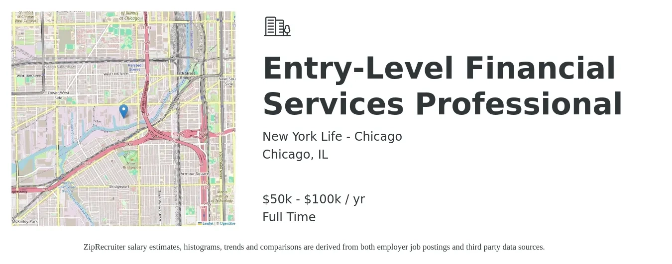 New York Life - Chicago job posting for a Entry-Level Financial Services Professional in Chicago, IL with a salary of $50,000 to $100,000 Yearly with a map of Chicago location.