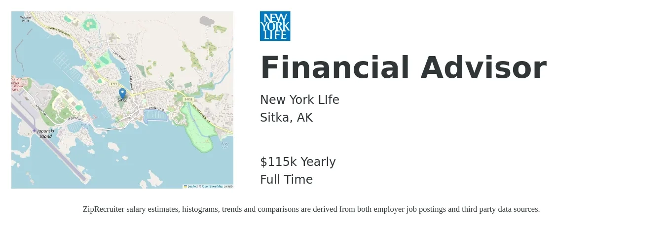New York LIfe job posting for a Financial Advisor in Sitka, AK with a salary of $115,917 Yearly with a map of Sitka location.