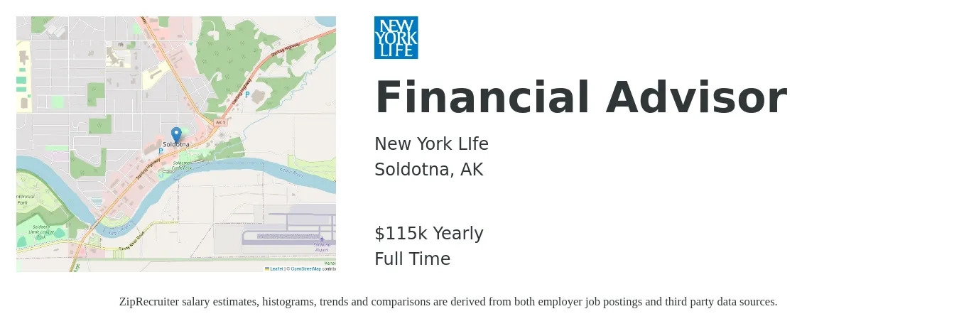 New York LIfe job posting for a Financial Advisor in Soldotna, AK with a salary of $115,917 Yearly with a map of Soldotna location.