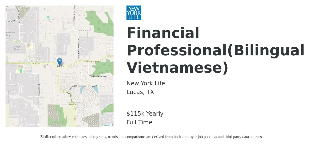 New York Life job posting for a Financial Professional(Bilingual Vietnamese) in Lucas, TX with a salary of $115,917 Yearly with a map of Lucas location.