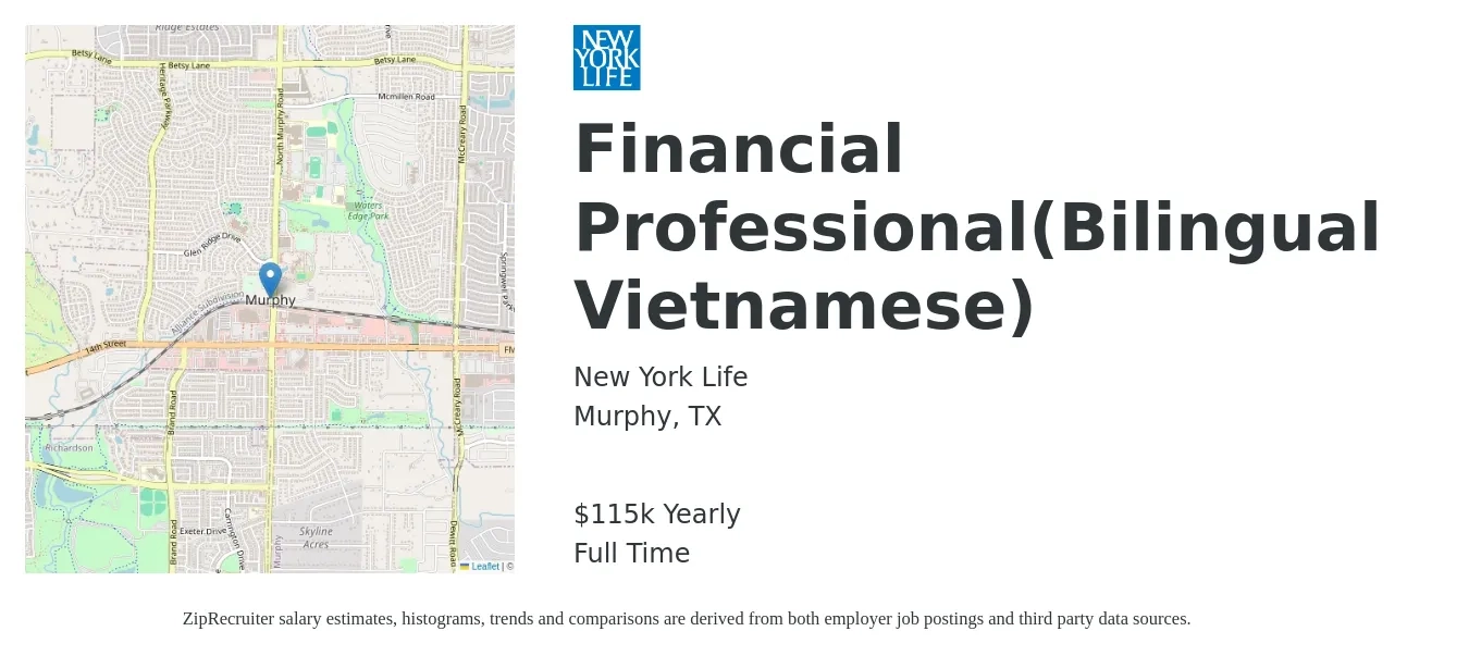 New York Life job posting for a Financial Professional(Bilingual Vietnamese) in Murphy, TX with a salary of $115,917 Yearly with a map of Murphy location.