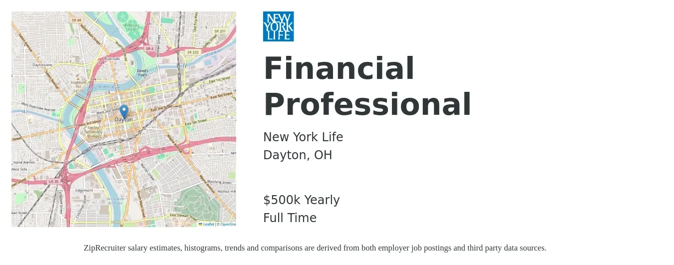 New York Life job posting for a Financial Professional in Dayton, OH with a salary of $500,000 Yearly with a map of Dayton location.