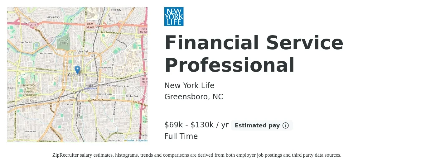 New York Life job posting for a Financial Service Professional in Greensboro, NC with a salary of $69,600 to $130,000 Yearly with a map of Greensboro location.