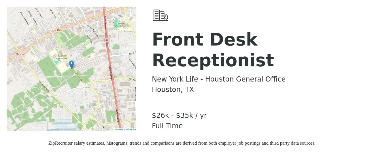 New York Life - Houston General Office job posting for a Front Desk Receptionist in Houston, TX with a salary of $14 to $18 Hourly with a map of Houston location.