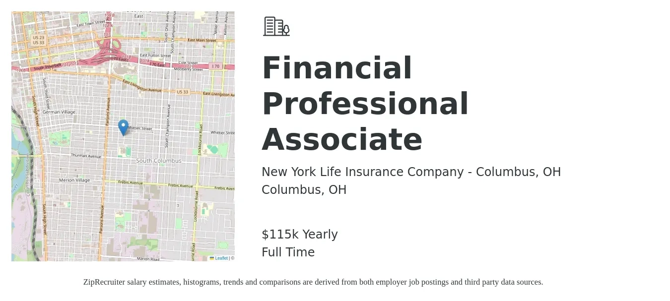 New York Life Insurance Company - Columbus, OH job posting for a Financial Professional Associate in Columbus, OH with a salary of $108,000 Yearly with a map of Columbus location.