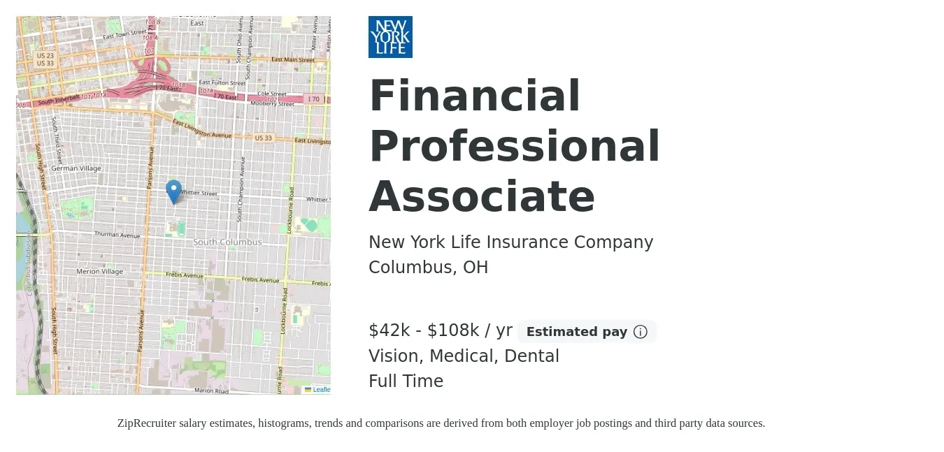 New York Life Insurance Company job posting for a Financial Professional Associate in Columbus, OH with a salary of $42,000 to $108,000 Yearly and benefits including life_insurance, medical, retirement, vision, and dental with a map of Columbus location.