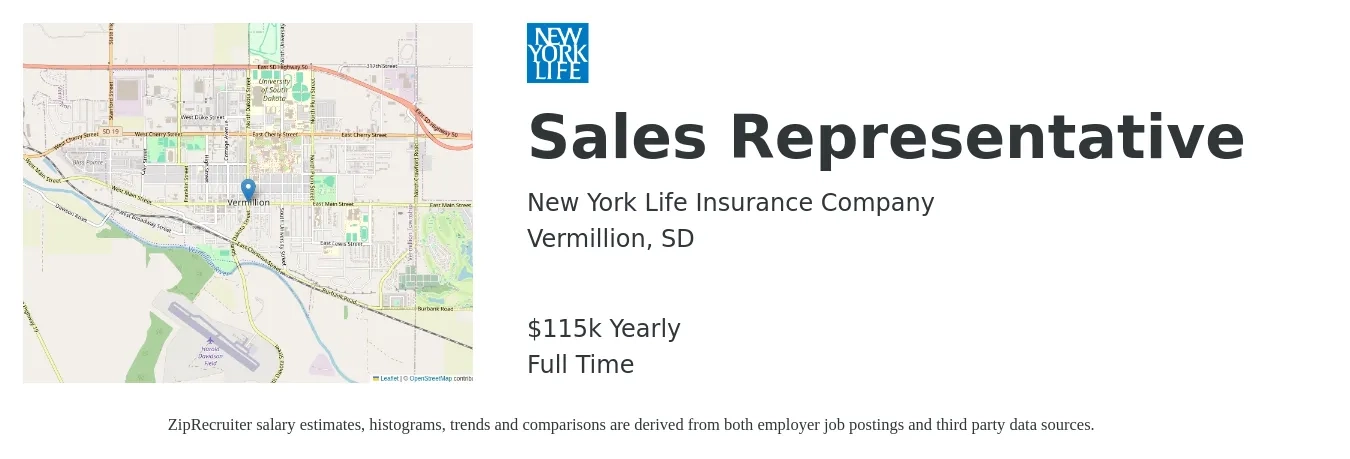 New York Life Insurance Company job posting for a Sales Representative in Vermillion, SD with a salary of $115,917 Yearly with a map of Vermillion location.
