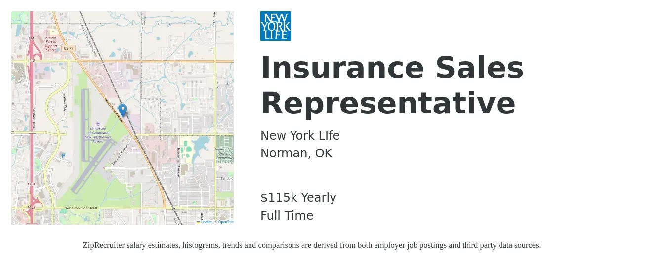 New York LIfe job posting for a Insurance Sales Representative in Norman, OK with a salary of $115,917 Yearly with a map of Norman location.