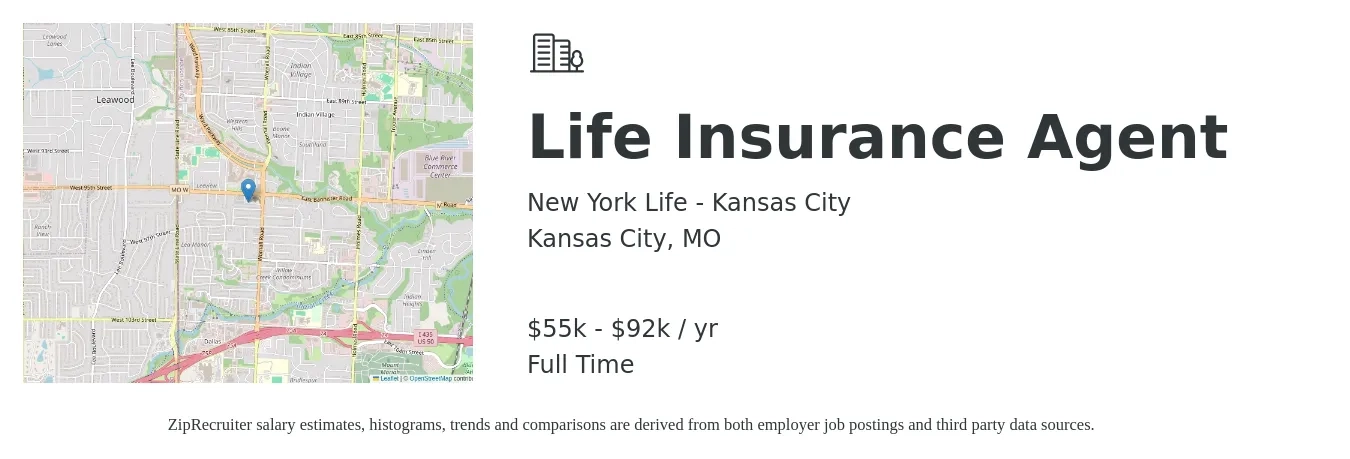 New York Life - Kansas City job posting for a Life Insurance Agent in Kansas City, MO with a salary of $55,000 to $92,000 Yearly with a map of Kansas City location.