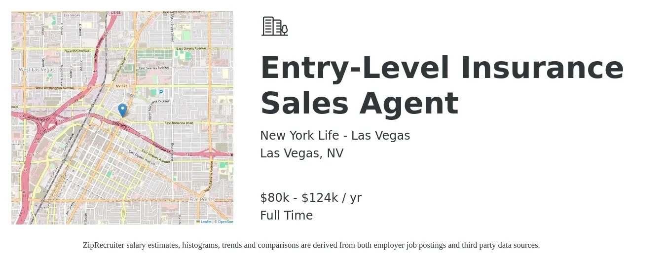 New York Life - Las Vegas job posting for a Entry-Level Insurance Sales Agent in Las Vegas, NV with a salary of $80,000 to $124,000 Yearly with a map of Las Vegas location.