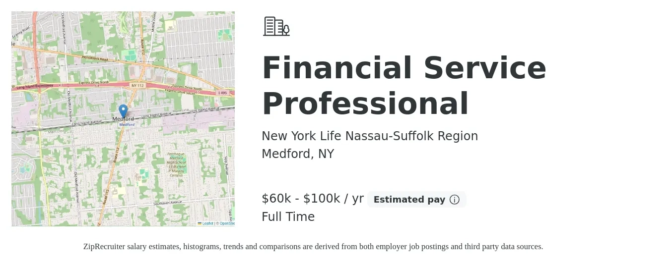 New York Life Nassau-Suffolk Region job posting for a Financial Service Professional in Medford, NY with a salary of $60,000 to $100,000 Yearly with a map of Medford location.