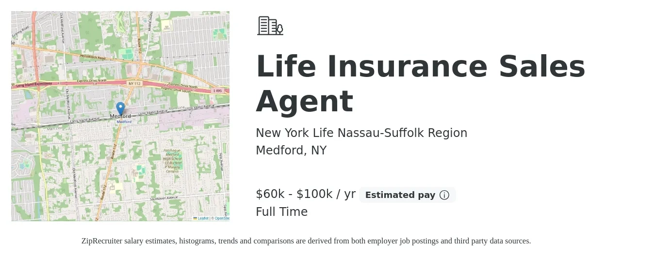 New York Life Nassau-Suffolk Region job posting for a Life Insurance Sales Agent in Medford, NY with a salary of $60,000 to $100,000 Yearly with a map of Medford location.
