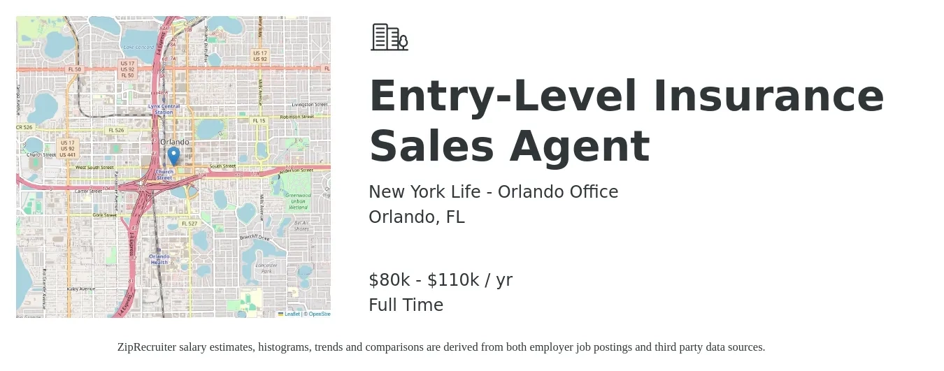 New York Life - Orlando Office job posting for a Entry-Level Insurance Sales Agent in Orlando, FL with a salary of $80,000 to $110,000 Yearly with a map of Orlando location.