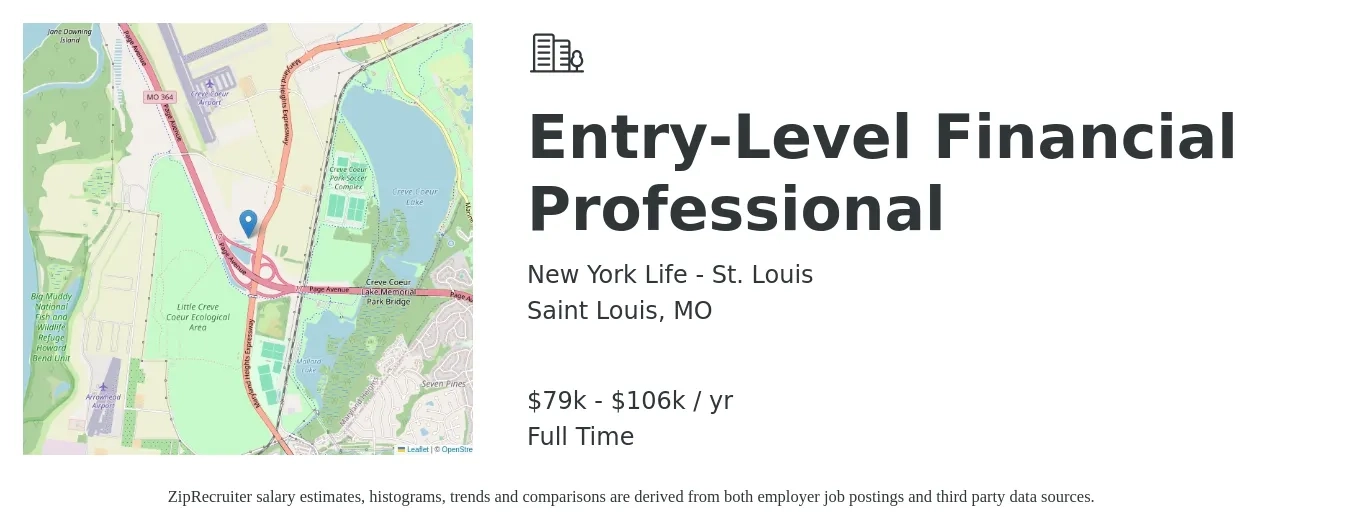 New York Life - St. Louis job posting for a Entry-Level Financial Professional in Saint Louis, MO with a salary of $79,500 to $106,500 Yearly with a map of Saint Louis location.