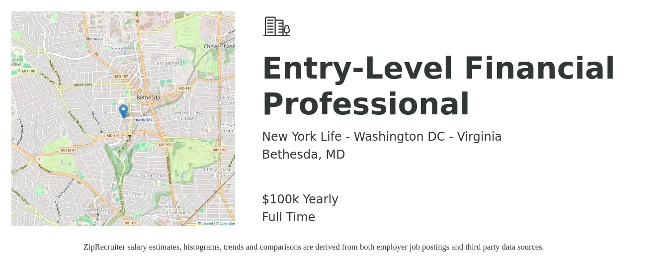 New York Life - Washington DC - Virginia job posting for a Entry-Level Financial Professional in Bethesda, MD with a salary of $100,000 Yearly with a map of Bethesda location.