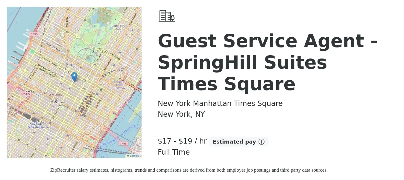 New York Manhattan Times Square job posting for a Guest Service Agent - SpringHill Suites Times Square in New York, NY with a salary of $18 to $20 Hourly with a map of New York location.