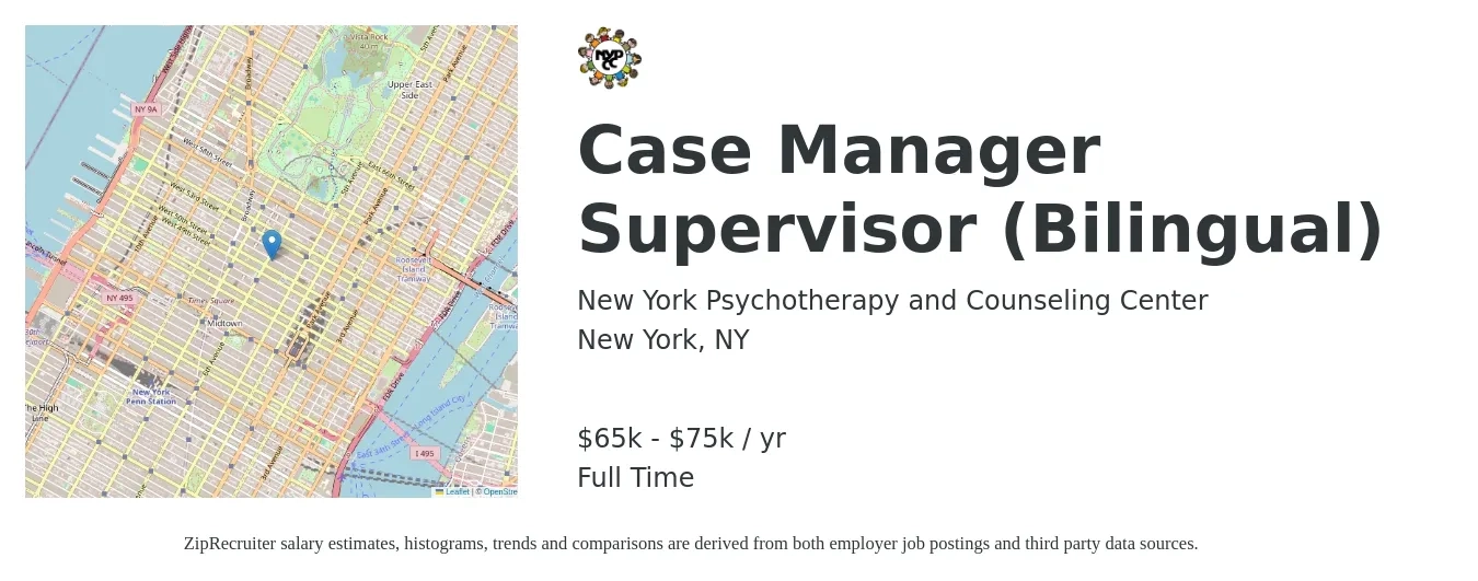 New York Psychotherapy and Counseling Center job posting for a Case Manager Supervisor (Bilingual) in New York, NY with a salary of $65,000 to $75,000 Yearly with a map of New York location.