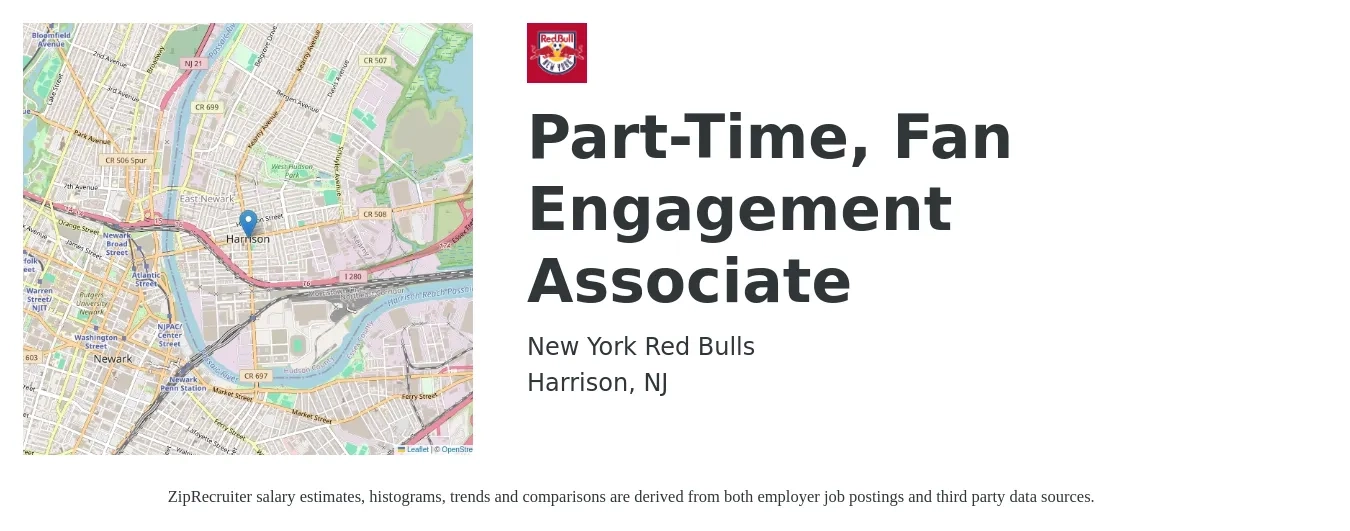 New York Red Bulls job posting for a Part-Time, Fan Engagement Associate in Harrison, NJ with a salary of $56,600 to $98,500 Yearly with a map of Harrison location.