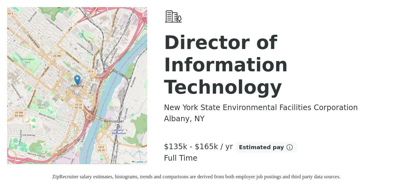 New York State Environmental Facilities Corporation job posting for a Director of Information Technology in Albany, NY with a salary of $135,000 to $165,000 Yearly with a map of Albany location.