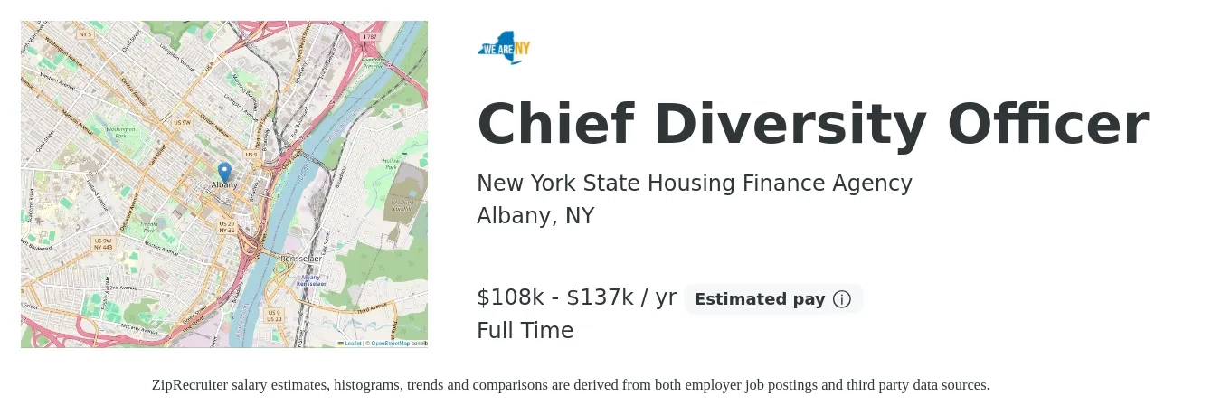 New York State Housing Finance Agency job posting for a Chief Diversity Officer in Albany, NY with a salary of $108,665 to $137,319 Yearly with a map of Albany location.