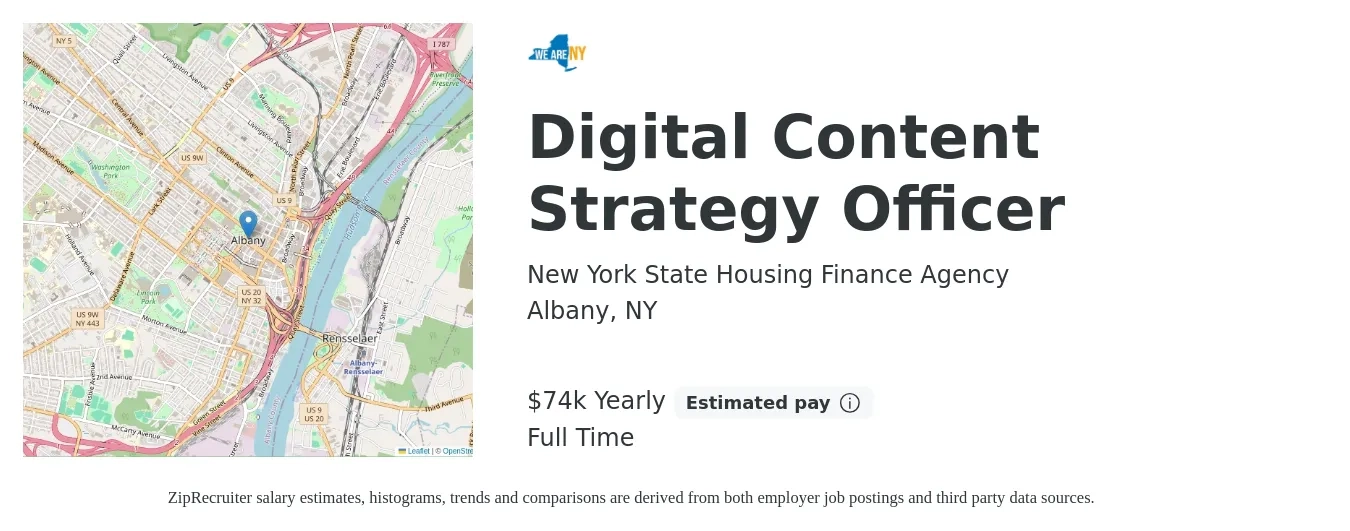 New York State Housing Finance Agency job posting for a Digital Content Strategy Officer in Albany, NY with a salary of $74,500 Yearly with a map of Albany location.