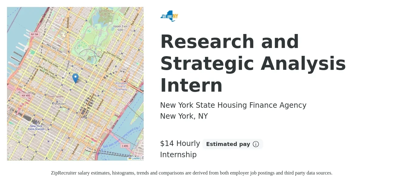 New York State Housing Finance Agency job posting for a Research and Strategic Analysis Intern in New York, NY with a salary of $15 Hourly with a map of New York location.
