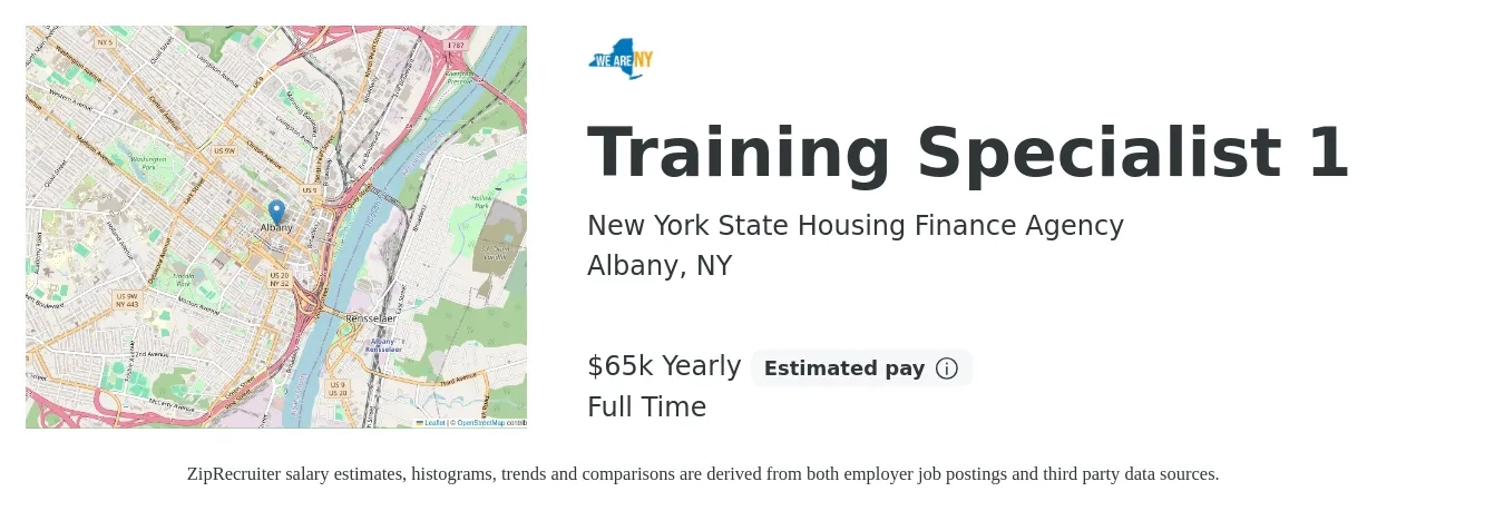 New York State Housing Finance Agency job posting for a Training Specialist 1 in Albany, NY with a salary of $65,001 Yearly with a map of Albany location.