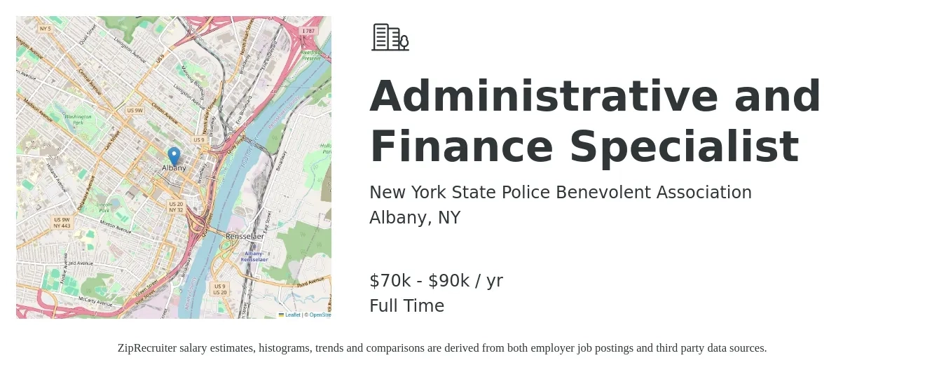 New York State Police Benevolent Association job posting for a Administrative and Finance Specialist in Albany, NY with a salary of $70,000 to $90,000 Yearly with a map of Albany location.
