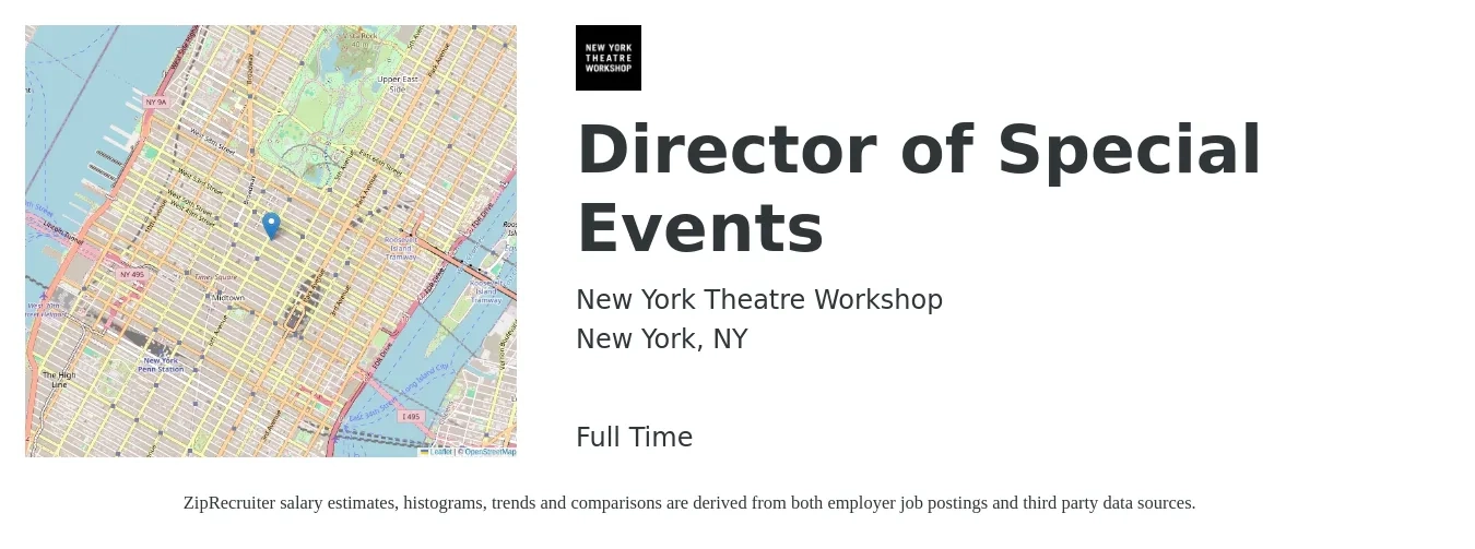 New York Theatre Workshop job posting for a Director of Special Events in New York, NY with a salary of $67,800 to $101,200 Yearly with a map of New York location.