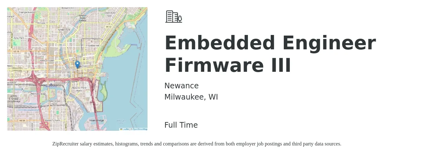 Newance job posting for a Embedded Engineer Firmware III in Milwaukee, WI with a salary of $101,400 to $138,800 Yearly with a map of Milwaukee location.
