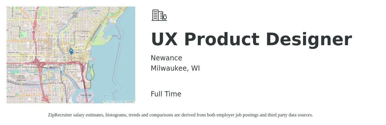 Newance job posting for a UX Product Designer in Milwaukee, WI with a salary of $129,000 to $152,600 Yearly with a map of Milwaukee location.
