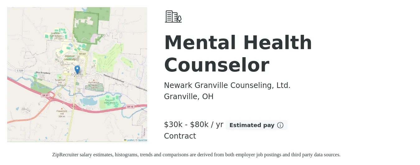 Newark Granville Counseling, Ltd. job posting for a Mental Health Counselor in Granville, OH with a salary of $30,000 to $80,000 Yearly with a map of Granville location.