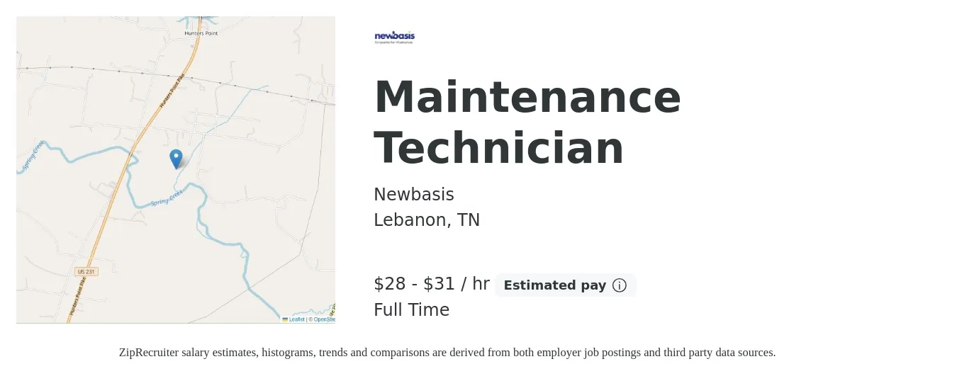 Newbasis job posting for a Maintenance Technician in Lebanon, TN with a salary of $30 to $33 Hourly with a map of Lebanon location.
