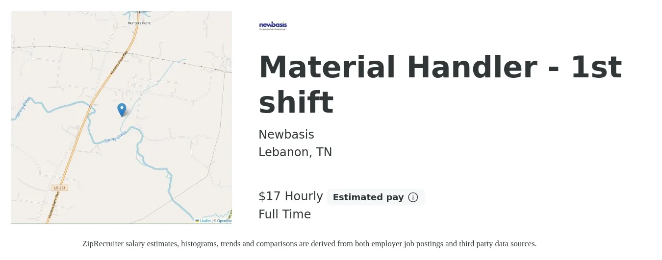 Newbasis job posting for a Material Handler - 1st shift in Lebanon, TN with a salary of $18 Hourly with a map of Lebanon location.