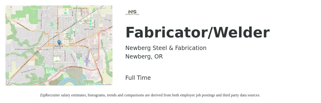 Newberg Steel & Fabrication job posting for a Fabricator/Welder in Newberg, OR with a salary of $21 to $27 Hourly with a map of Newberg location.