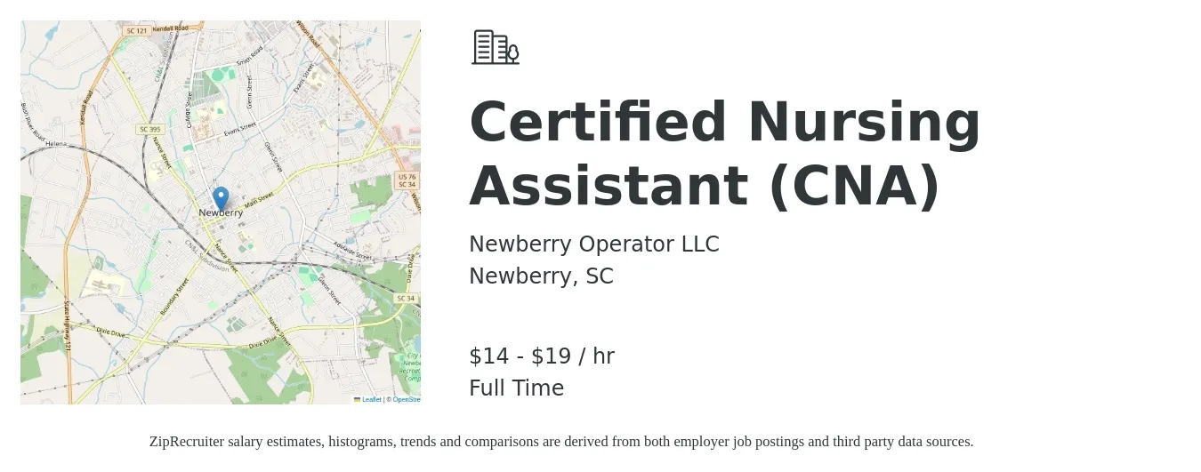 Newberry Operator LLC job posting for a Certified Nursing Assistant (CNA) in Newberry, SC with a salary of $15 to $21 Hourly with a map of Newberry location.