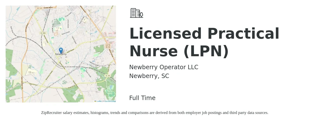 Newberry Operator LLC job posting for a Licensed Practical Nurse (LPN) in Newberry, SC with a salary of $22 to $29 Hourly with a map of Newberry location.