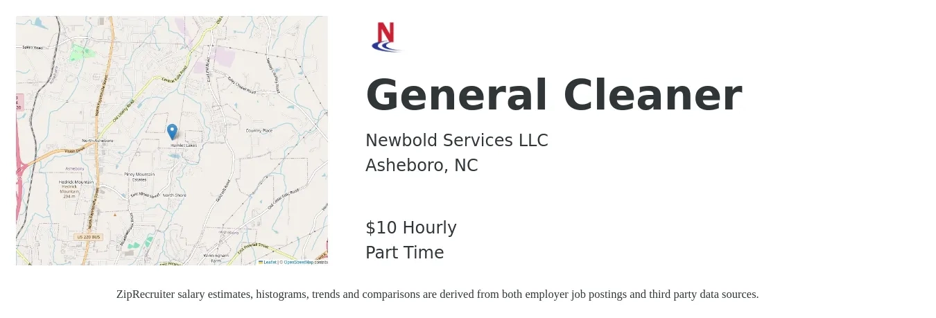 Newbold Services LLC job posting for a General Cleaner in Asheboro, NC with a salary of $10 Hourly with a map of Asheboro location.