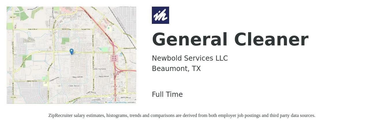 Newbold Services LLC job posting for a General Cleaner in Beaumont, TX with a salary of $14 to $16 Hourly with a map of Beaumont location.