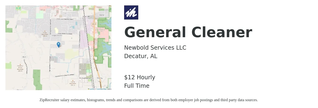 Newbold Services LLC job posting for a General Cleaner in Decatur, AL with a salary of $14 Hourly with a map of Decatur location.