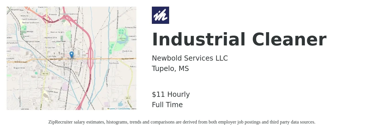 Newbold Services LLC job posting for a Industrial Cleaner in Tupelo, MS with a salary of $12 Hourly with a map of Tupelo location.