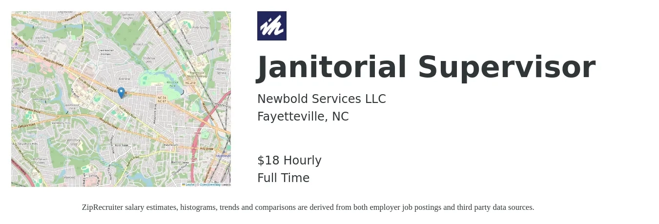 Newbold Services LLC job posting for a Janitorial Supervisor in Fayetteville, NC with a salary of $19 Hourly with a map of Fayetteville location.