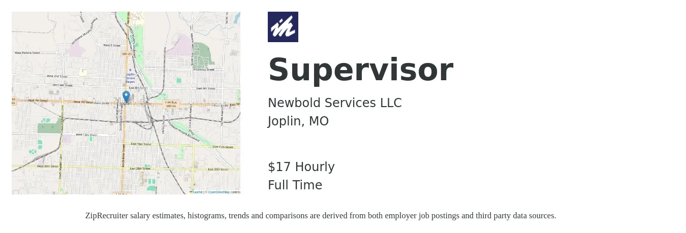 Newbold Services LLC job posting for a Supervisor in Joplin, MO with a salary of $18 Hourly with a map of Joplin location.