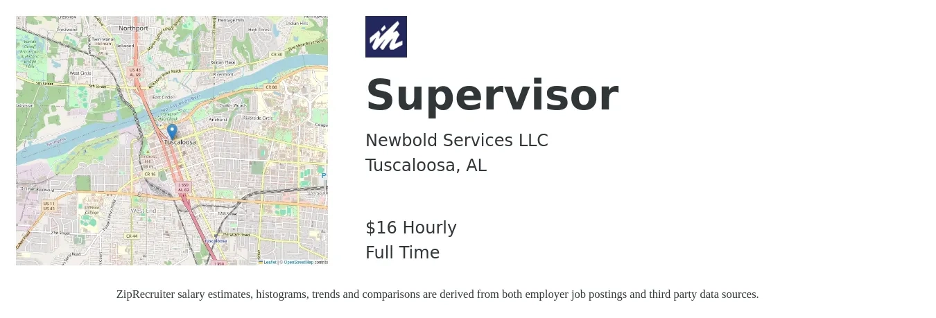 Newbold Services LLC job posting for a Supervisor in Tuscaloosa, AL with a salary of $17 Hourly with a map of Tuscaloosa location.