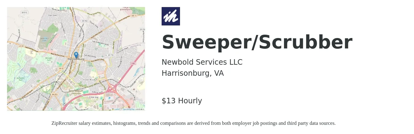 Newbold Services LLC job posting for a Sweeper/Scrubber in Harrisonburg, VA with a salary of $14 Hourly with a map of Harrisonburg location.