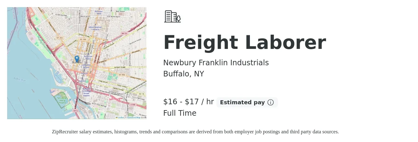 Newbury Franklin Industrials job posting for a Freight Laborer in Buffalo, NY with a salary of $17 to $18 Hourly with a map of Buffalo location.